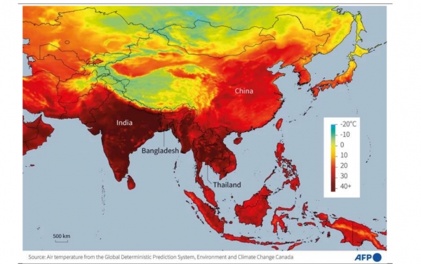 아시아 지역 폭염 지도. 자료=하나증권, AFP