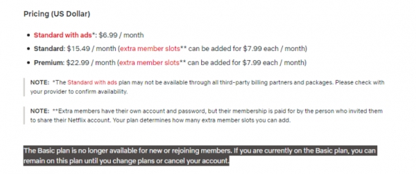 넷플릭스 미국 요금제 가격 – 베이직 요금제 폐지. 자료=넷플릭스