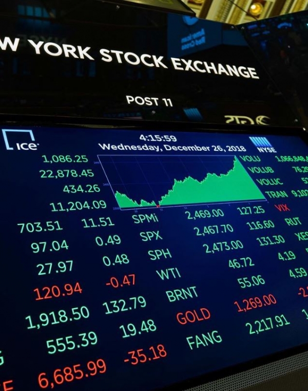 Painel de exibição de ações da Bolsa de Valores de Nova York.  Imagem: Bolsa de Valores de Nova York.